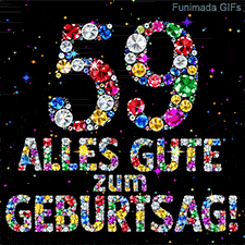 Glitzernde bunte Kristalle bilden die Ziffer 59 und den Schriftzug Alles Gute zum Geburtstag vor einer dunklen Leinwand mit winzigen Sternen.