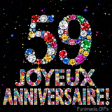 Image animée montrant le chiffre 59 et le texte Joyeux Anniversaire composés de pierres précieuses, avec un effet de scintillement sur fond noir.