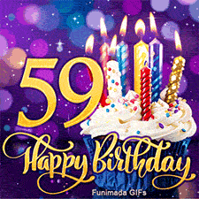 Golden number 59 and Happy Birthday script next to a cupcake with white frosting and lit candles, set against a glowing purple lighted background.