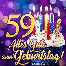 Große 59 in Gold, flankiert von einem Muffin mit Kerzen. Der Text 'Alles Gute zum Geburtstag!' ist auf einem lila Sternenhintergrund platziert.
