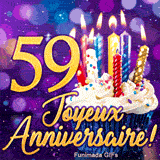Animation d'anniversaire 59 ans illustrant le nombre 59 doré, des bougies scintillantes et un gâteau sur fond violet.