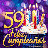 Animación de cumpleaños 59 años ilustrando el número 59 dorado, velas relucientes y una tarta festiva sobre fondo violeta.