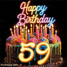 Animated GIF of a revolving rainbow drip birthday cake with lit candles and a large glowing number 59 on dark background.