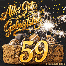 Leuchtende Funken fliegen über eine Torte mit der 59. Goldener Sternenregen fällt auf den Kuchen und die festlichen Geburtstagswünsche herab.