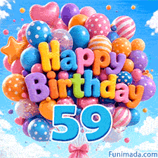 Floating gently in the wind, this bright balloon cluster features Happy Birthday balloon text and a blue digit 59 hanging at the bottom.