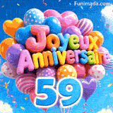 Flottant doucement dans le vent, cette grappe de ballons lumineux présente le texte Joyeux Anniversaire et le chiffre bleu 59 suspendu en bas.