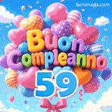 Fluttuando dolcemente nel vento, questo grappolo di palloncini luminosi presenta il testo Buon Compleanno e il numero azzurro 59 sospeso in basso.
