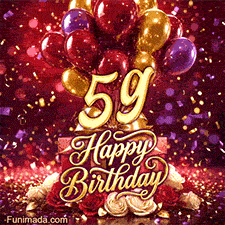 Colorful balloons gift boxes and roses frame the golden number 59 with Happy Birthday lettering and shimmering confetti in a festive animated greeting