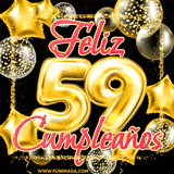 Animación de un GIF con el número 59 en dorado, rodeado de estrellas, burbujas brillantes y la frase 'Feliz cumpleaños' en letras modernas y festivas.