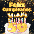 Tarjeta GIF de cumpleaños feliz de 59 años con torta y velas