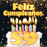 GIF animado de un pastel decorado con velas de colores, con el número 59 resaltado y un fondo brillante que transmite celebración.