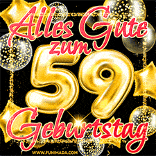 Glänzende goldene Ballons und ein quadratischer Glitzerrahmen: Animiertes GIF zum 59. Geburtstag mit der großen goldenen Zahl 59