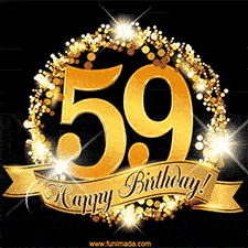 A golden 59th birthday GIF features a decorative circle and ribbon. The design sparkles with light and gold accents against a black background.
