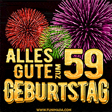 Ein dynamisches animiertes GIF mit buntem Feuerwerk und goldenen Zahlen, die den 59 Geburtstag hervorheben.