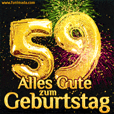Große goldene Zahlen 59 auf schwarzem Hintergrund, die Worte 'Alles Gute zum Geburtstag' in goldener Schrift und ein spektakuläres Feuerwerk.