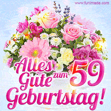 Ein zartes Geburtstags-GIF mit einem bunten Sommerblumenstrauß in einer weißen Teetasse und herzlichen Glückwünschen zum 59. Geburtstag.