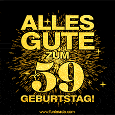 Ein GIF zum59. Geburtstag mit goldener Schrift und Feuerwerk auf schwarzem Hintergrund.