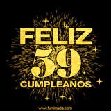 GIF animado con un diseño dorado, mostrando el número 59 rodeado de fuegos artificiales y luces que resaltan una atmósfera festiva y vibrante.