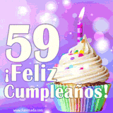 Animación de un cupcake con cobertura blanca, confites de colores, una vela encendida y el número 59 en grande sobre un fondo púrpura con luces brillantes.