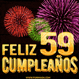 GIF animado con el número 59 en dorado, rodeado de fuegos artificiales rojos, verdes y morados, con el mensaje 'Feliz cumpleaños' en letras doradas.