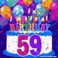 59th Birthday Cake gif: colorful candles, balloons, confetti and number 59
