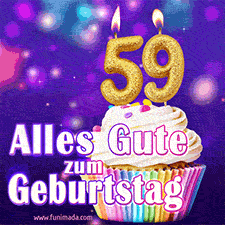 Ein glänzendes Geburtstags-GIF mit goldenen Kerzen mit der Zahl 59 auf einem weißen cremefarbenen Cupcake und dem Text 'Alles Gute zum Geburtstag'.