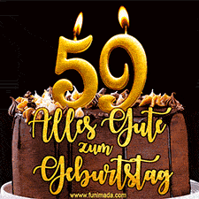 Animiertes GIF mit einer Schokoladen-Geburtstagstorte, großen goldenen Kerzen mit der Zahl 59 und einem dekorativen Text mit der Aufschrift 'Alles Gute zum Geburtstag'.