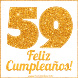 Imagen animada con el número 59 en diseño dorado brillante acompañado de la frase 'Feliz cumpleaños' sobre un fondo blanco simple y elegante.