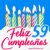Animación de un pastel decorado con velas coloridas y encendidas, el número 59 destacado en azul y la frase 'Feliz cumpleaños' en letras estilizadas.