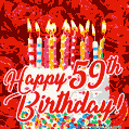 Red roses, birthday cake and lit candles. Beautiful 59th Birthday animation.