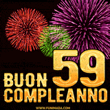 Animazione di fuochi d'artificio colorati con il numero 59 in oro brillante e la scritta 'Buon Compleanno' su uno sfondo nero festivo ed elegante.