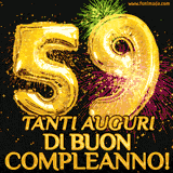 Palloncini dorati a forma del numero 59, accompagnati da scintille e fuochi d'artificio su sfondo nero, con il messaggio 'Tanti auguri di Buon Compleanno!'.