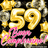 Animazione con palloncini dorati a forma del numero 59, circondati da decorazioni scintillanti e la scritta 'Buon Compleanno!' in caratteri rosa accattivanti.