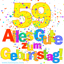 Geburtstags-GIF mit animierten bunten Sternen, der großen Zahl 59 und dem mehrfarbigen Text 'Alles Gute zum Geburtstag'.