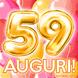 Bouquet animato di palloncini multicolori che emergono da una scatola regalo, con il numero 59 e la scritta 'Tanti Auguri!' su uno sfondo pieno di coriandoli.