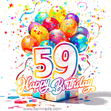 A festive birthday age GIF with animated star confetti, colorful balloons, and a gift box with the number 59. The text reads 'Happy Birthday'.