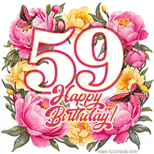 A celebratory GIF image features the animated number '59' and the words 'Happy Birthday!' surrounded by pink and yellow flowers. Two moving butterflies are included in this festive design.