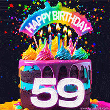 Chocolate cake with cyan layers, pink dressing and a big number 59 adorned with vibrant multicolored frosting, lit candles, and a rainbow topper with text that says 'Happy Birthday'. Animated colorful confetti move behind the cake.