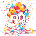 Animiertes Konfetti, mehrfarbige Luftballons und eine Geschenkbox in einem fröhlichen GIF zum 59. Geburtstag