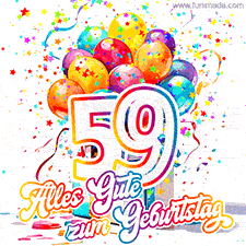 Ein lebendiges Geburtstags-GIF mit bunten Ballons, animiertem Konfetti, der Zahl 59 und den Worten 'Alles Gute zum Geburtstag' in dekorativer Schriftart.