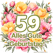 Ein elegantes GIF mit einem Blumenkranz in zarten Tönen, der großen Zahl 59 und den Worten 'Alles Gute zum Geburtstag'.