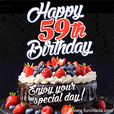 A birthday greeting card image. It features a chocolate cake with berries and the text 'Happy 59th Birthday. Enjoy your special day!'