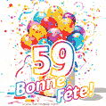 Des confettis animés, des ballons multicolores et un coffret cadeau dans un joyeux GIF de 59e anniversaire