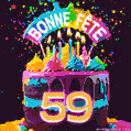 Gâteau au chocolat avec le numéro 59 orné d'un glaçage vibrant, de bougies et d'une décoration arc-en-ciel