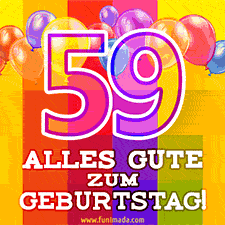 Große Zahl 35 in Umrissschrift, die Worte 'Alles Gute zum 59. Geburtstag', mehrfarbige animierte Ballons und lebendiger Hintergrund.