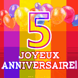 GIF animé 5 ans avec des ballons colorés, un grand chiffre 5 et 'Joyeux Anniversaire!' sur un fond éclatant.