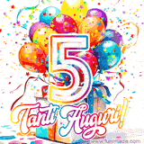 Animazione con palloncini colorati e scintillanti, accompagnata dal numero 5 in caratteri grandi e luminosi, e la scritta 'Tanti Auguri!' in stile vivace.