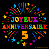 GIF animé 'Joyeux Anniversaire 5' avec des lettres colorées et des feux d'artifice éclatants