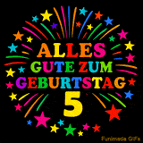 Animiertes GIF 'Alles Gute zum Geburtstag 5 mit bunten Buchstaben und leuchtenden Sternen