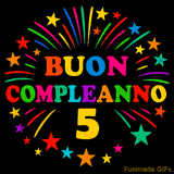 GIF animata 'Buon Compleanno 5' con lettere colorate e fuochi d'artificio